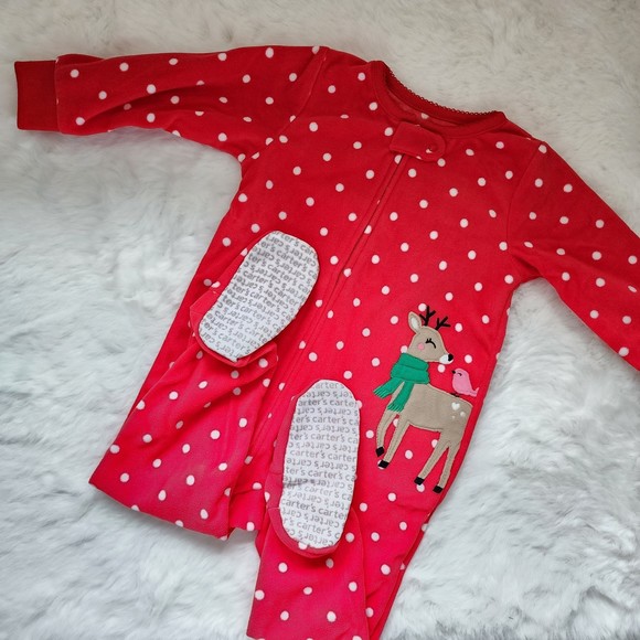 Carter's One Piece Red Fleece Reindeer Grippy Sole Onesie 18M NWT - Picture 1 of 6
